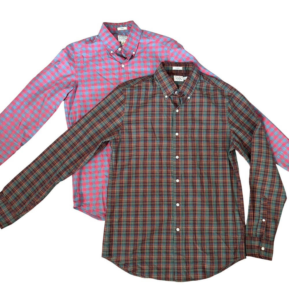 J. Crew 2 Button Down Secret Wash Shirts Size S Organic Cotton Red Brown Casual